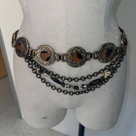 Streets Ahead Vintage Womens Belt Size Large Brown Pony Hair Brass Layered - Picture 6 of 16